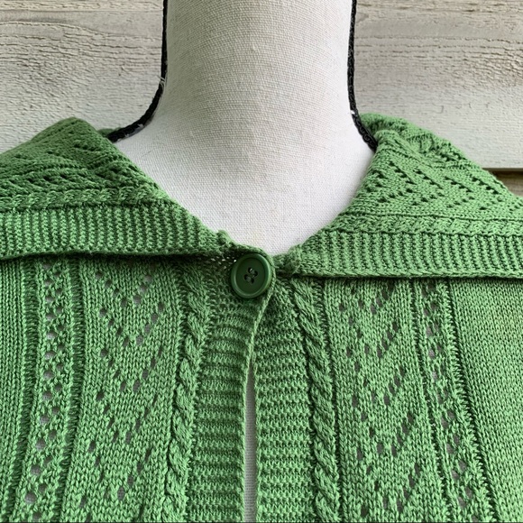 True Vintage 70s Green Peter Pan Collar 3/4 Sleeve Baby Doll Cardigan Sweater - Picture 6 of 16